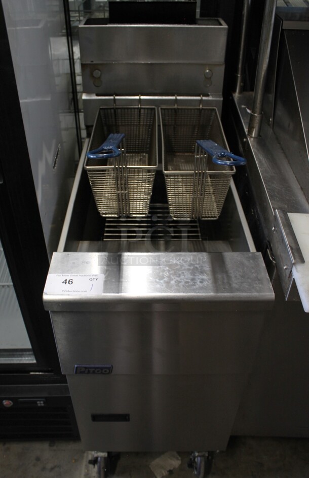 2019 Pitco Frialator VF35 Stainless Steel Commercial Floor Style Natural Gas Powered Deep Fat Fryer w/ 2 Metal Fry Baskets on Commercial Casters. 70,000 BTU.  - Image 1 of 5