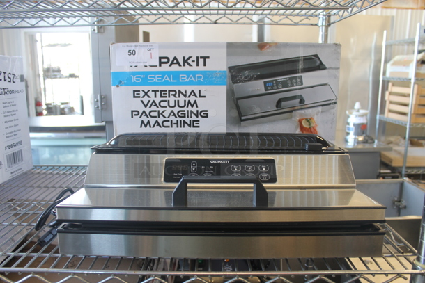 BRAND NEW SCRATCH AND DENT!  VACPAK-IT 186VME16SS Commercial Stainless Steel Electric Countertop External Vacuum Sealer With 16" Seal Bar. 120V. Tested And Working! - Image 1 of 9