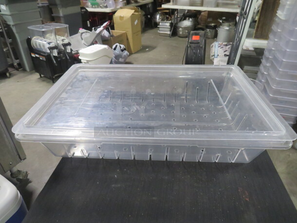 One 18X26X5.5 Perforated Food Storage Container With Lid. 