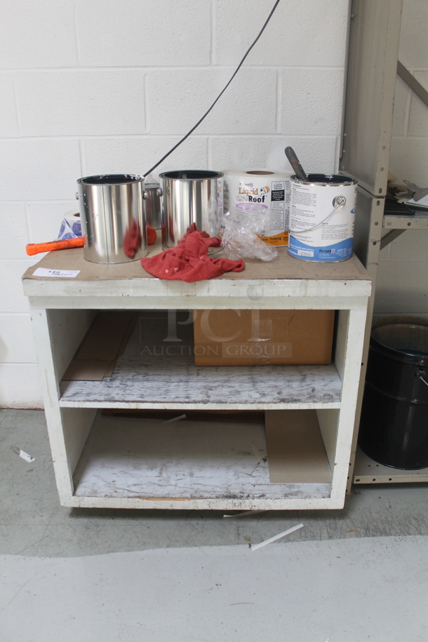 Wooden Counter w/ 2 Under Shelves and Contents - Image 1 of 3