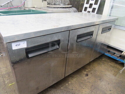 One Blue Air 3 Door Worktop Refrigerator With 3 Racks On Casters. 115 Volt. Model# BAUR72. 72X30X36