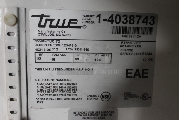True TUC-72 Stainless Steel Commercial 3 Door Undercounter Cooler on Commercial Casters. 115 Volts, 1 Phase. Tested and Working! - Image 8 of 8