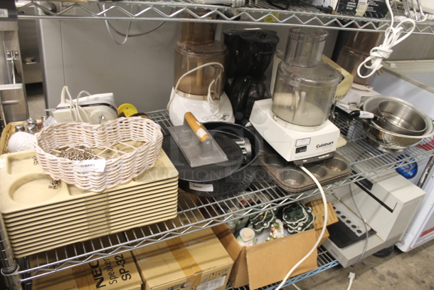 ALL ONE MONEY! Lot of Strainers, Stainless Steel Masher, Steel Drop In Bins, Hand Mixers, Small Steel Pot, Cuisinart Food Processor, Muffin Baking Sheets, Coffee Maker, Heart Shaped Wicker Basket, Salt And Pepper Shakers, Christmas Decorations, 2 Boxes Of NEC SP-32 Speakers AND MORE! Does Not Include Metro Shelf. - Image 5 of 12