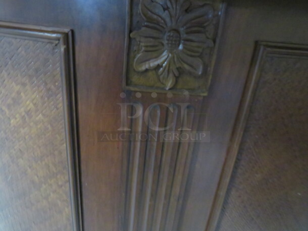 One Wooden Half Circle Bar With 2 Doors, 2 Drawers, 3 Wine Holder Racks, Footrail, And Black Granite Top. NICE!!! 69.5X28X52 - Image 2 of 7