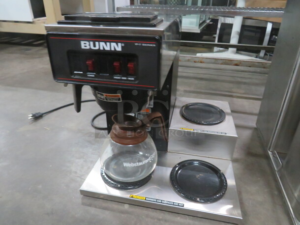 One Bunn Coffee Brewer With Pot, Filter Basket And 2 Warmers. 120 Volt. Model# VP17-3