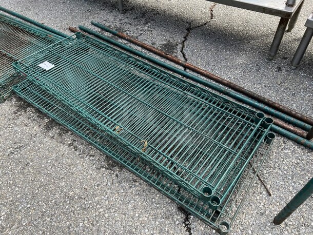ALL ONE MONEY! Lot of 4 Green Finish Shelves and 4 Green Finish Poles! 48x18x1.5, 64" - Image 1 of 3