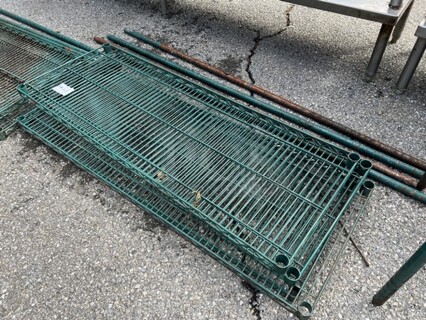 ALL ONE MONEY! Lot of 4 Green Finish Shelves and 4 Green Finish Poles! 48x18x1.5, 64"