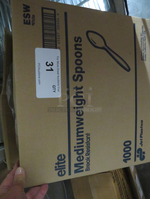One Box Of NEW 1000ct Individually Wrapped Spoons.