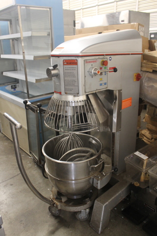 Thunderbird ARM-60PBL Metal Commercial Floor Style 60 Quart Planetary Dough Mixer w/ Stainless Steel Mixing Bowl, Bowl Guard, Dolly, Dough Hook, Whisk and Paddle Attachments. 220 Volts, 1 Phase.