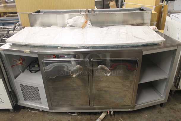 BRAND NEW SCRATCH AND DENT! Sifa Stainless Steel Commercial Work Station w/ 2 Door Cooler and Back Splash. 220-240 Volts.  - Image 1 of 11