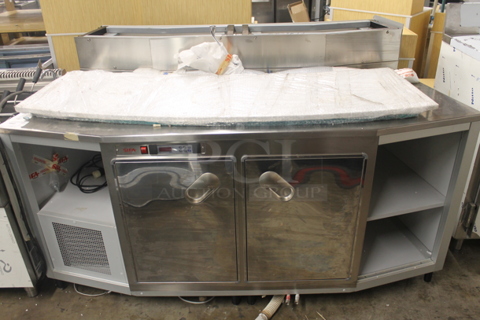 BRAND NEW SCRATCH AND DENT! Sifa Stainless Steel Commercial Work Station w/ 2 Door Cooler and Back Splash. 220-240 Volts. 