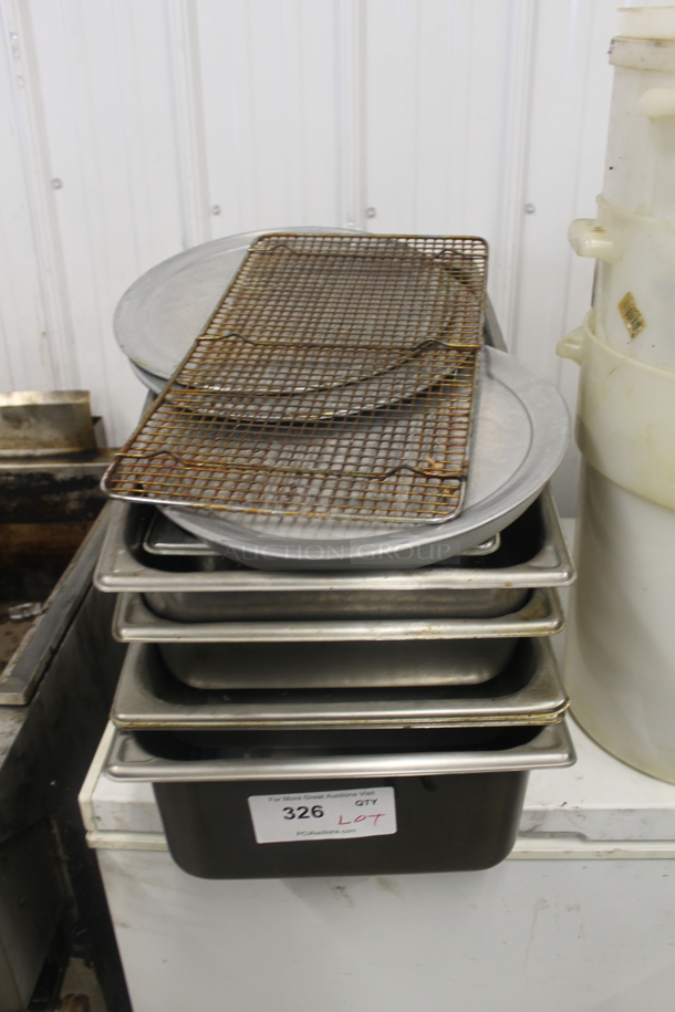 ALL ONE MONEY! Lot of Cooling Rack, Round Pizza Baking Pans and Stainless Steel Drop In Bins  - Image 1 of 4