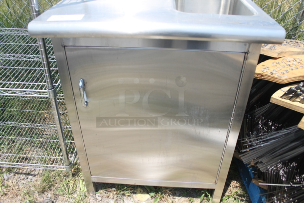 Commercial Stainless Steel Hand Sink With Backsplash And Gooseneck Faucet On Single Door Open Cabinet Base. - Image 5 of 7