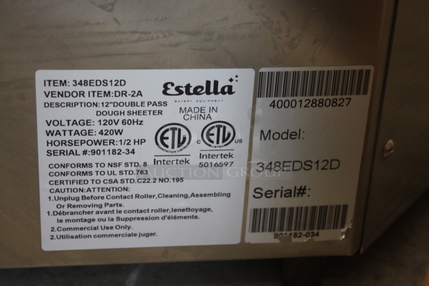 BRAND NEW SCRATCH AND DENT! Estella 348EDS12D Stainless Steel Commercial Countertop 12" Double Pass Dough Sheeter. 120 Volts, 1 Phase. Tested and Working! - Image 5 of 5
