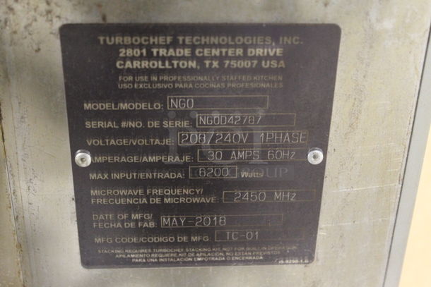 2018 Turbochef NGO Metal Commercial Countertop Rapid Cook Oven. 208/240 Volts, 1 Phase.  - Image 6 of 6