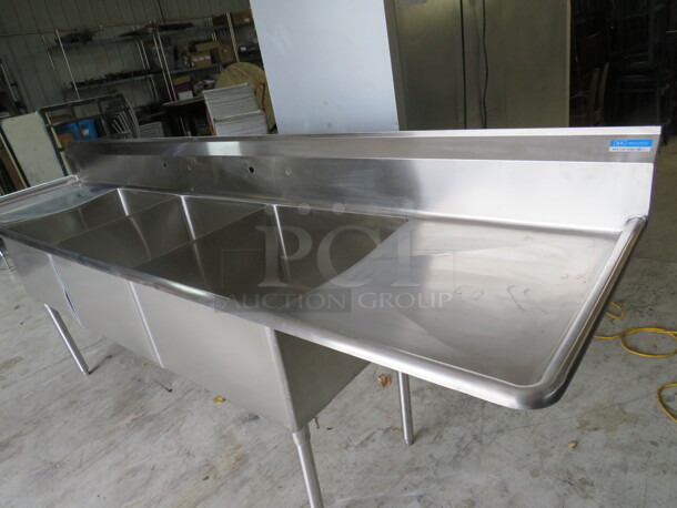 One NEW BK 3 Compartment Stainless Steel Sink With Back Splash And  R/L Drain Board. Model# BKS-3-24-14-24T.Sink 24X24X14. 120X29.5X44 - Image 2 of 4