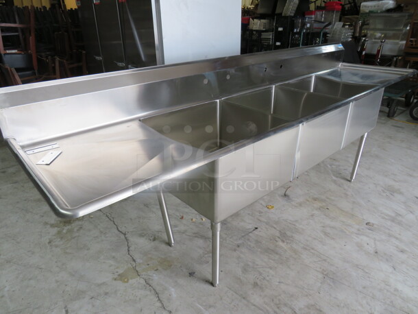 One NEW BK 3 Compartment Stainless Steel Sink With Back Splash And  R/L Drain Board. Model# BKS-3-24-14-24T.Sink 24X24X14. 120X29.5X44 - Image 4 of 4