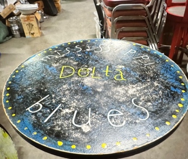 One 24X24X42 Abstract Round Painted  Table Top On A Bar Height Pedestal Base. Mississippi Delta Blues.