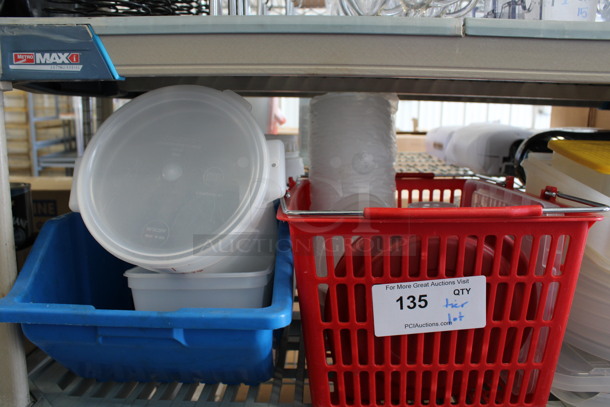ALL ONE MONEY! Lot of Various Items Including Plastic Lids and Containers, Shopping Basket and Blue Bin! - Image 2 of 5