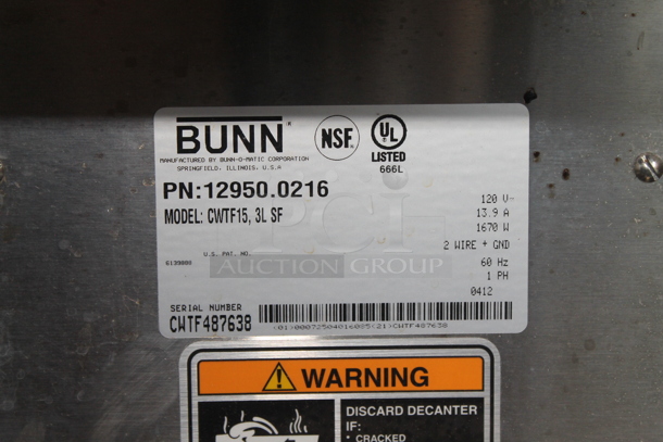 2012 Bunn CWTF15 Stainless Steel Commercial Countertop 3 Burner Coffee Machine w/ Hot Water Dispenser and Metal Brew Basket. 120 Volts, 1 Phase. - Image 7 of 7