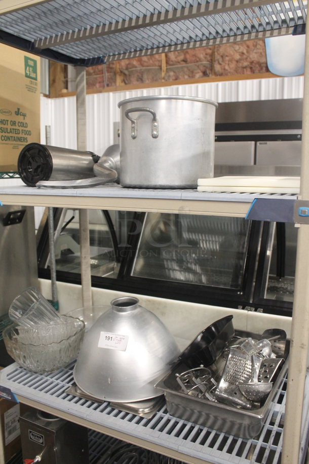 ALL ONE MONEY! Two Tier Lot of Various Metal Items Including Dough Hook Attachment for Mixer, Stock Pot and Utensils - Image 1 of 7