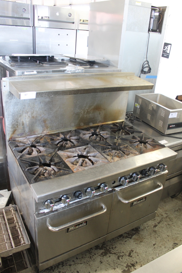 Migali C-RO8-NG Stainless Steel Commercial Natural Gas Powered 8 Burner Range w/ 2 Ovens, Over Shelf and Back Splash on Commercial Casters.