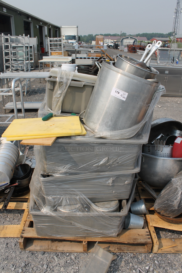 ALL ONE MONEY! Lot of Stock Pot, Cutting Boards, Small Frying Pans, White Bowls, Hammered Cups, Wood Pallet AND MORE! - Image 1 of 6