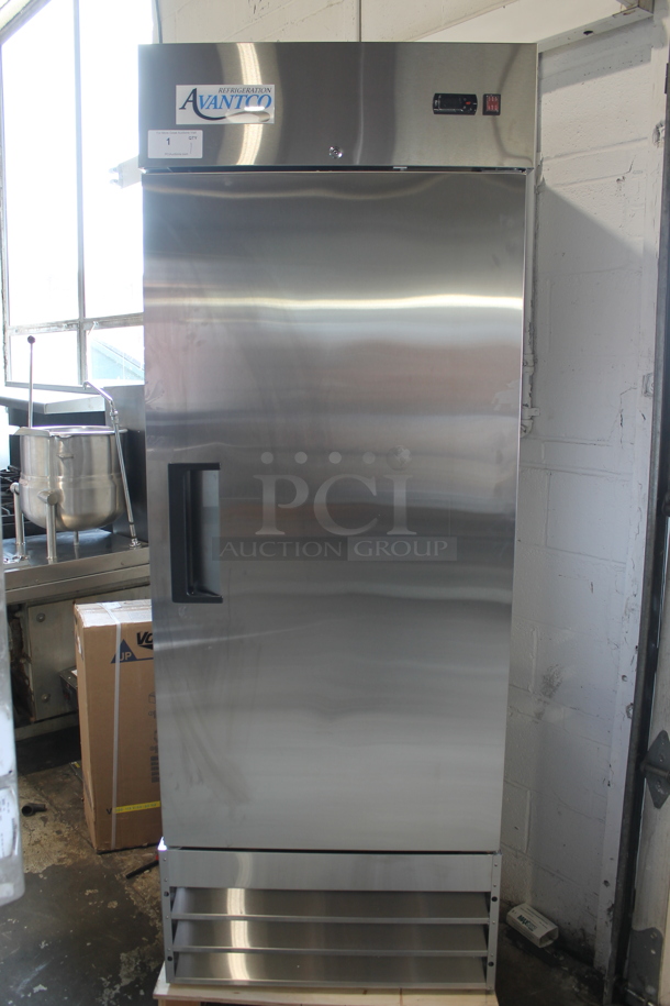BRAND NEW! Avantco 178A19RHC Stainless Steel Commercial Single Door Reach In Cooler on Commercial Casters. 115 Volts, 1 Phase. Tested and Working!