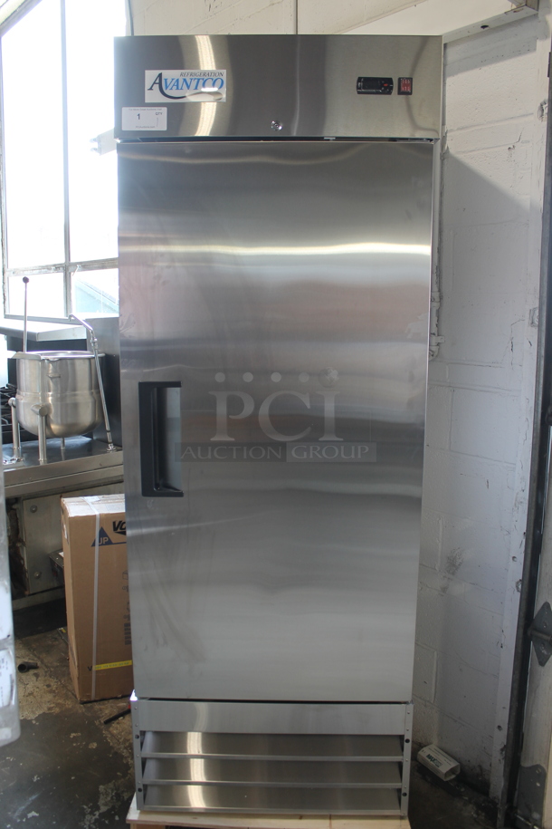 BRAND NEW! Avantco 178A19RHC Stainless Steel Commercial Single Door Reach In Cooler on Commercial Casters. 115 Volts, 1 Phase. Tested and Working! - Image 1 of 10