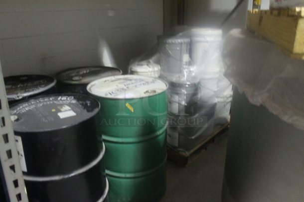 ALL ONE MONEY! Lot of 4 Barrels and Pallet of Buckets.  BUYER MUST REMOVE. - Image 1 of 11