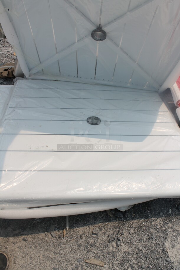 6 Outdoor Synthetic Teak Style Table Tops In White, Red, Gray, Blue With X-Shape Table Base. 6 Times Your Bid!  - Image 5 of 11