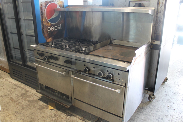 Garland SunFire Stainless Steel Commercial Natural Gas Powered 6 Burner Range w/ Right Side Flat Top Griddle, 2 Ovens, Over Shelf and Back Splash.  - Image 2 of 9