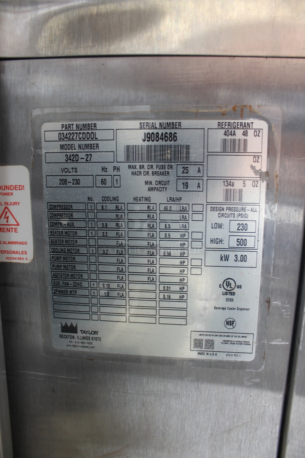 Taylor 342D-27 Stainless Steel Commercial Floor Style Air Cooled 2 Flavor Frozen Beverage Machine w/ Drink Mixer Attachment on Commercial Casters. 208-230 Volts, 1 Phase. - Image 4 of 8