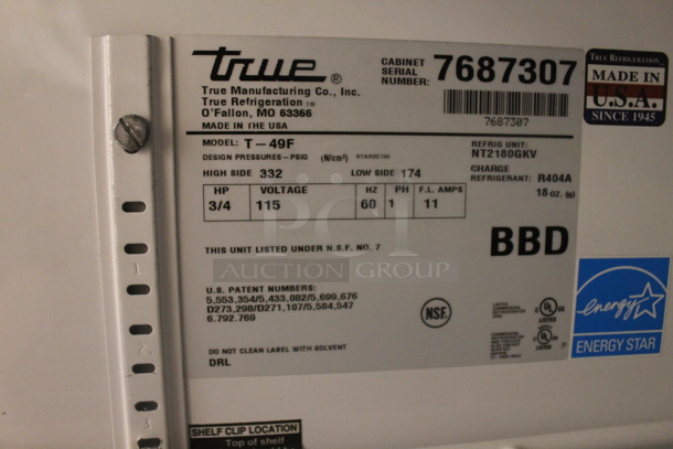 2013 True T-49F Commercial Stainless Steel Two Solid Door Reach-In Freezer With Polycoated Shelves. 115V, 1 Phase. Tested and Working! - Image 6 of 6