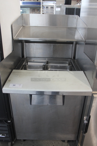 2011 True TSSU-27-12M-B Stainless Steel Commercial Prep Table w/ Over Shelf and Drop In Bins on Commercial Casters. 115 Volts, 1 Phase. Cannot Test - Unit Needs New Plug