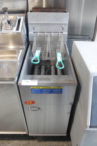 2019 Pitco Frialator 40D Stainless Steel Commercial Floor Style Natural Gas Powered Deep Fat Fryer w/ 2 Metal Fry Baskets on Commercial Casters. 107,000 BTU. 