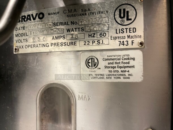 Bravo CMA WEGA Bravo Systems (Wega Italy)  EVD-3 3 Group Commercial Expresso Machine Made In Italy NSF 230 Volt  - Image 6 of 8