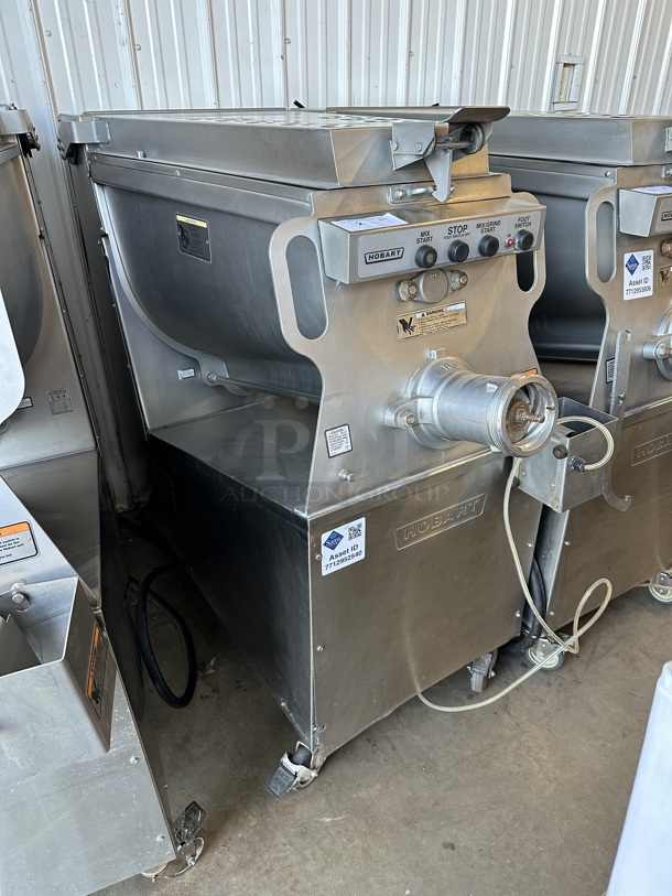 2014 Hobart MG2032 Metal Commercial Floor Style Electric Powered Meat Grinder w/ Foot Pedal on Commercial Casters. 208 Volts, 3 Phase.