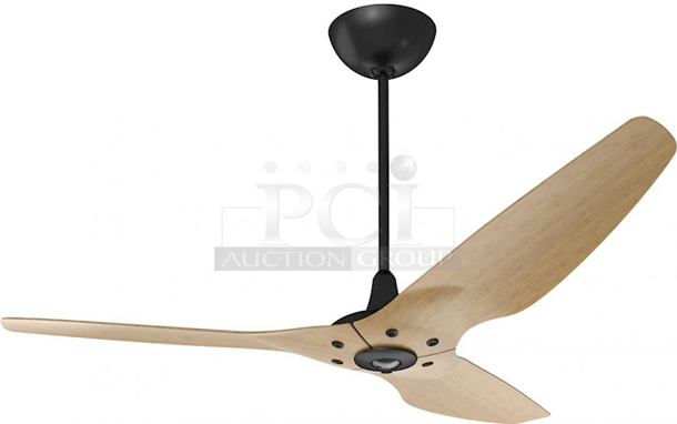 NEW! IN THE BOX!! Big Ass Fans 60" Haiku Indoor Ceiling Fan, Caramel Bamboo, Universal Mount: Black with Uplight LED and UV-C. Integrated UV-C technology kills 95% of airborne pathogens; Hand-balanced aircraft-grade aluminum airfoils; SenseMe™ technology, mobile app, and voice control integration; Premium remote included; Indoor use only - Image 1 of 3