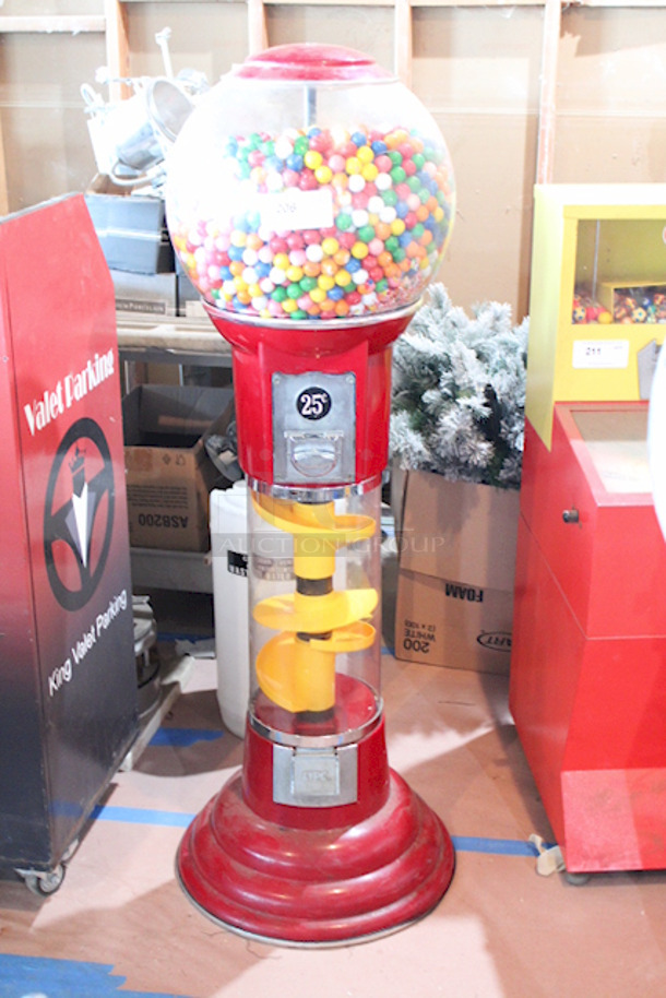 OFFICIAL! World Famous Magic Gumball International 5ft Large Spin and Drop Commercial Gumball Machine with Stand - Quarter Activated, Classic Red. TESTED! Works Perfect. Bowl & Housing Are Made From High Impact Clear As Crystal Fiber Glass.  - Image 1 of 3