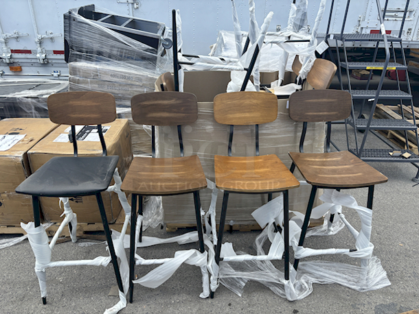 Lancaster Table & Seating Mid-Century Black Barstool with Vintage Wood Seat and Backrest. (1) With Padded Seat. 19 Inches	21 7/16 Inches	44 Inches 17x Your Bid  - Image 2 of 2