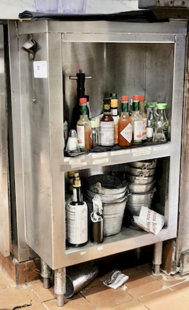 NICE! Under Bar Stainless Steel 2 Shelf Storage Cabinet with Bottle Opener on Adjustable Bullet Feet.

21-1/2x9-1/2x38
