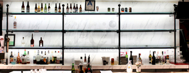 BEAUTIFUL! Lighted Glass 3 Section, 9 Shelf Liquor Display. 166x16-1/2x55-1/2