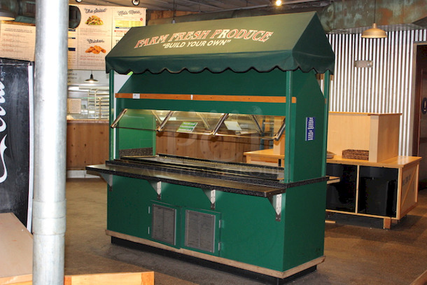 OUTSTANDING! Produce/Salad Bar With Drop In Cold-Well, Light, Counter and Glass Sneeze Guard, Solid Wood Frame With Canopy. In perfect working order.
89-1/2x53x93-1/2
 - Image 3 of 12