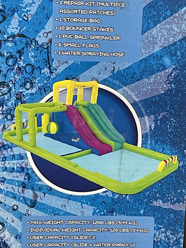 H2O GO Inflatable Water Park With Water Slide – Over 23ft Long. Contains: 01 SLIDE; 01 BLOWER (STAKES INCLUDED); 01 REPAIR KIT (MULTIPLE ASSORTED PATCHES); 1 STORAGE BAG; 10 BOUNCER STAKES; 1 PUC BALL SPRINKLER; 06 SMALL FLAGS; 01 WATER SPRAYING HOSE. Overall: 23ft – 4in x 10ft – 2in x 8ft – 8in.  - Image 4 of 9