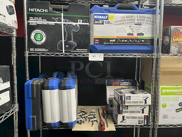 ALL BRAND NEW POWER & HAND TOOLS!! [2] Hitachi 1/2” 13mm 18v Cordless Driver Drills W/ Hard Carry Case, [4] Kobalt Pro90 Ratchet 138pc Mechanic Tool Sets With Hard Case, [3] Campbell Hausfeld 1/2” Impact Wrenches, [1] Campbell Hausfeld 1/2” Impact Wrench Quick Start Kit, [2] Craftsman Screwdrivers (5/16 Slotted & P3 Phillips), [1] ¼” Driver Adapters, [5] ¼” Drive x 3” Drive Extensions, [1] ¼” Dive x 6” Drive Extension, [2] 3/8” Drive Extensions, [1] ¼” Drive T25 Driver Socket! 