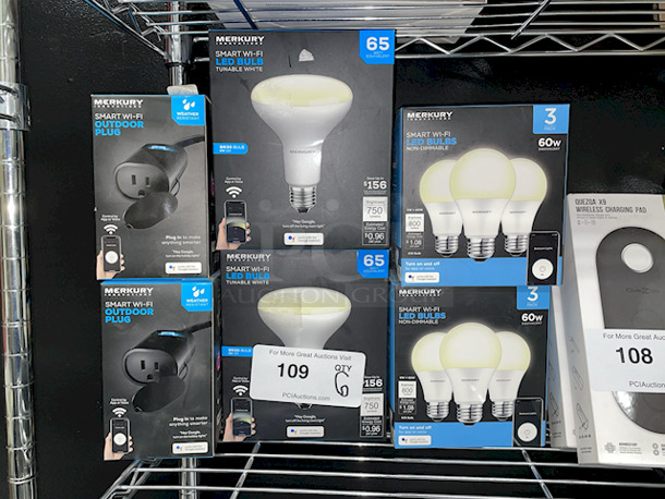 Smart Light Bulbs & Outdoor Plugs. [2] Sets of Sockets, [2] Boxes Of 65 Watt Bulbs & [2] 3 Packs of 60watt Bulbs 