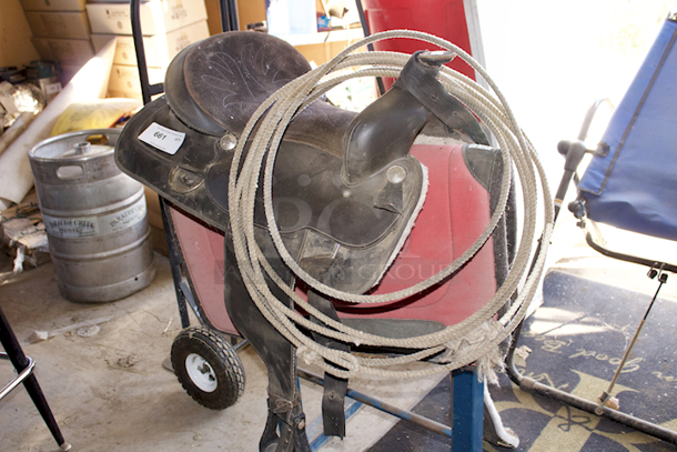 OUTSTANDING!! Vinyl Saddle With Diamond Wool Pad And Lasso.  - Image 8 of 10