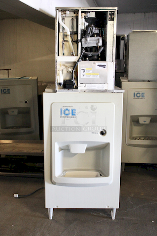Lot Of (3) Hoshizaki KM-250 MWE Ice Maker, 230lbs/Day, Water Cooled On DB-250C Hotel Ice Dispenser, 250lbs Insulated Ice Storage Capacity, Dispenses 20lbs Of Ice Per Minute. Tested. Observed Working At Removal. 115v/60hz/1ph. Missing The Face Plates...Lost When Being Removed.  3x Your Bid. 