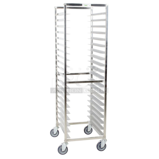 BRAND NEW SCRATCH & DENT! Regency 600PR20316K 20 Pan End Load Stainless Steel Bun / Sheet Pan Rack - Unassembled. IN THE BOX! Packaging is damaged. 26x20-1/4x70-1/2
